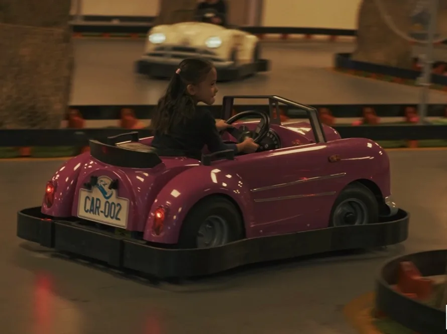 Person with a ponytail holding the steering wheel of a purple bumper car marked “CAR-002,” with another car in the background.