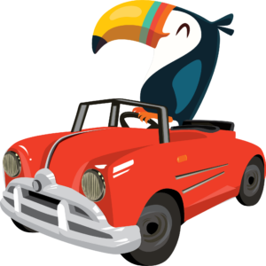 Cartoon toucan with a large yellow, green, and orange beak holding the steering wheel of a red convertible with silver bumpers.