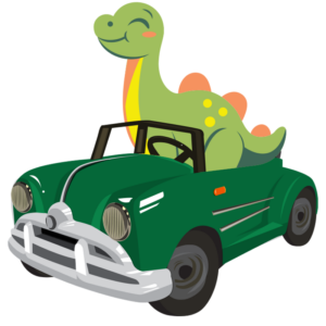 A smiling green cartoon dragon with orange wings sits behind the wheel of a green convertible with round headlights and silver bumpers.