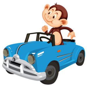 Smiling cartoon monkey sitting behind the wheel of a blue convertible with round headlights and a silver bumper.