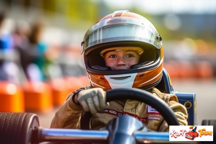 Close-up of a child racer in an orange and white helmet and racing suit, focused on the steering wheel inside a go-kart on an outdoor track.