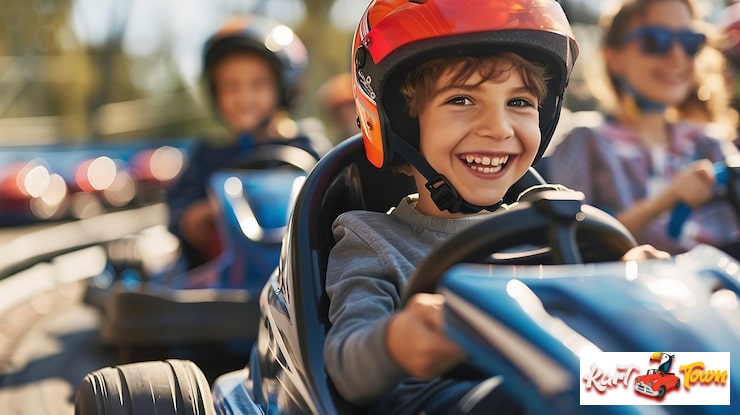 Happy child with a wide smile, wearing a red helmet, driving a blue go-kart with other children and adults visible in the bright background.
