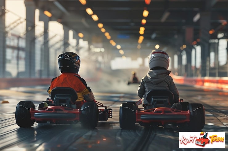 Two small children in racing suits and helmets sit low in red go-karts, viewed from the back, speeding down an indoor track.