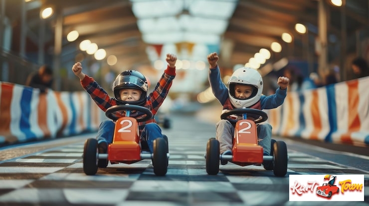 Two ecstatic young boys in helmets, driving small orange toy race cars, raise their arms in victory across a checkered finish line.