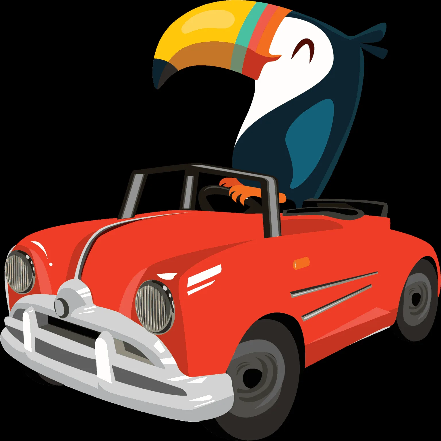 Cartoon illustration of a cheerful, colorful toucan bird with a striped beak driving a red vintage convertible car with a smiling expression.