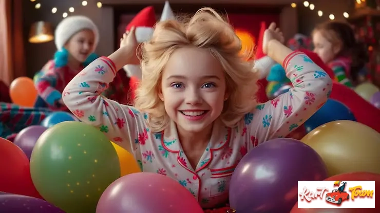 Close-up of a happy child in pajamas surrounded by many colorful balloons.