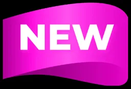 White text reading “NEW” on a curved bright pink banner.