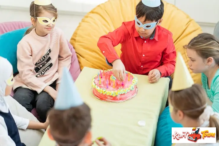 Diverse group of children wearing party masks.
