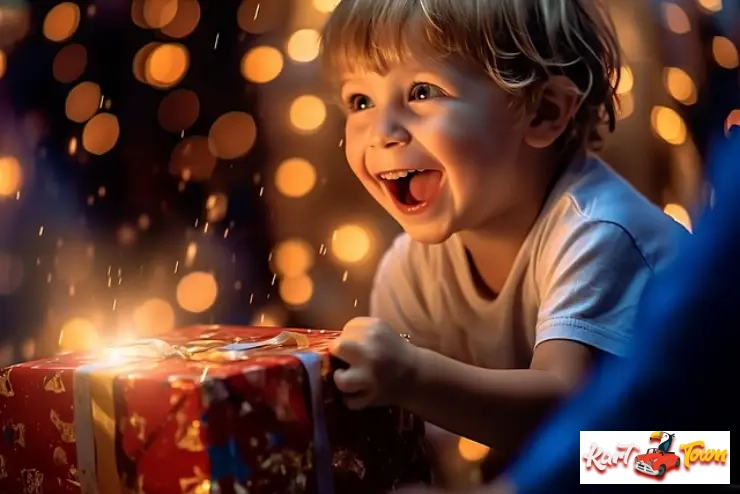 Excited young child opening a glowing red and gold birthday present with a bright smile.