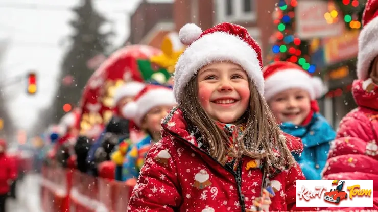 Smiling girl in Santa hat enjoying a snowy holiday parade with other kids.