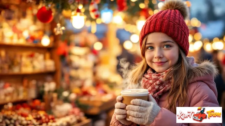Girl in red hat smiling at a Christmas market, holding a steaming hot drink.