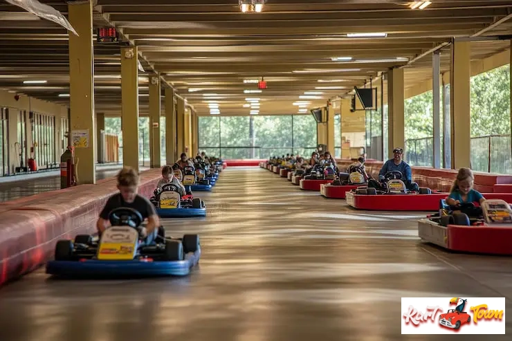 Kids in colorful go-karts lined up on an indoor racing track.