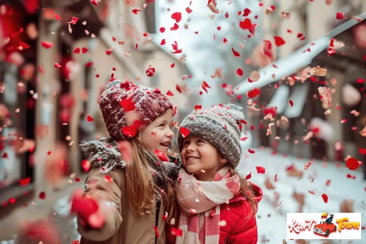 Kids laughing under falling red petals in winter.