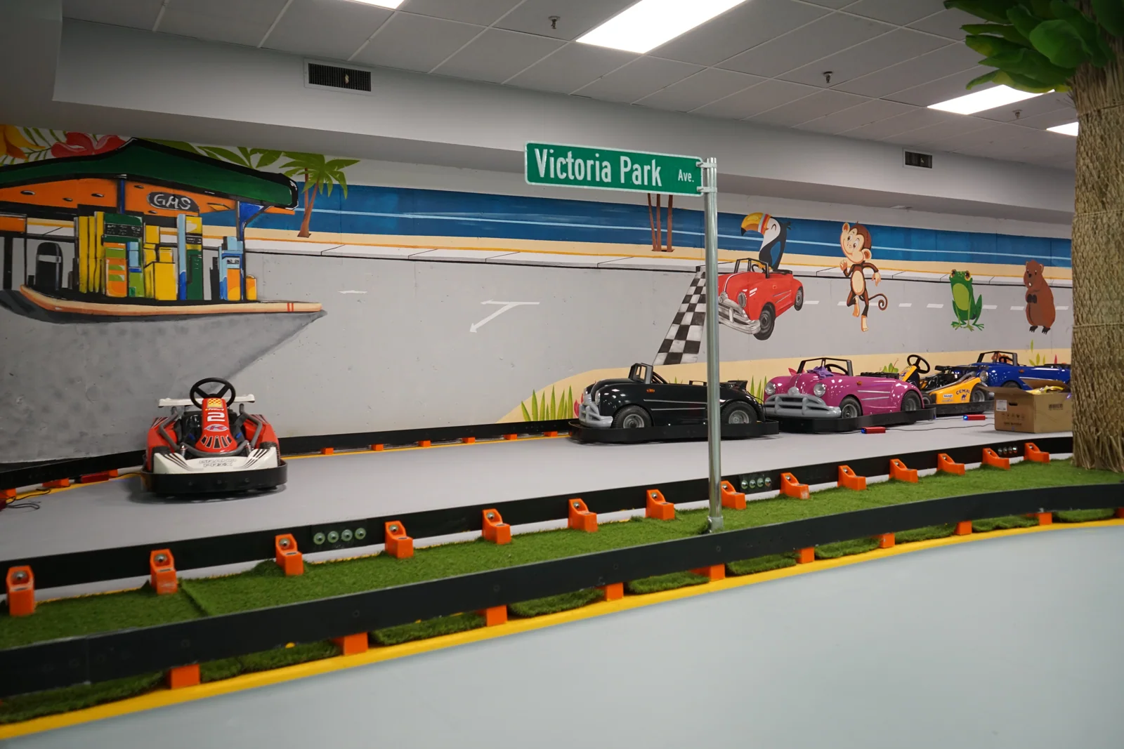 Go-karts on the indoor track at Kart Town