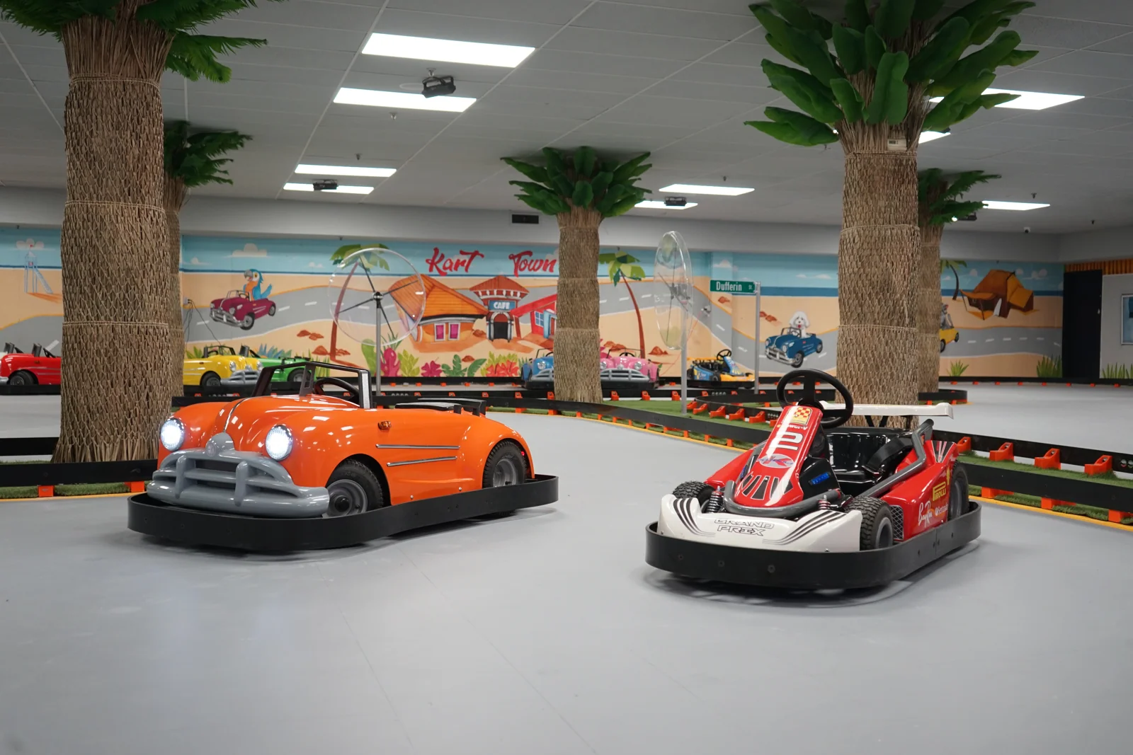Go-karts on the indoor track at Kart Town