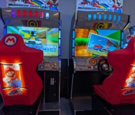 Line up and race your friends on our Mario Kart arcade machines. Kids racing side by side on Mario Kart arcade machines in the bright arcade at Kart Town Aurora