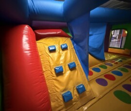 Bounce, climb and slide in our big inflatable bouncy castle. Inflatable bouncy castle with climbing wall and slide at Kart Town