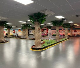Race around our tropical indoor go-kart track — palm trees, twists and turns for all ages. Tropical indoor go-kart track with palm trees at Kart Town Aurora