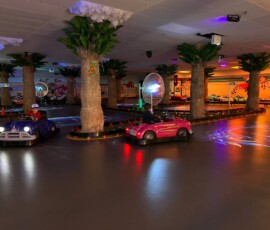 Kids cruise the palm-lined indoor track in our purple and pink classic cars under glowing sunset lights. Two children driving purple and pink classic cars around the palm-tree indoor track