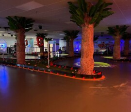 Palm-lined go-kart track set up for our anniversary celebration with red balloon decorations throughout. Indoor go-kart track with palm trees and 3rd anniversary balloon decorations